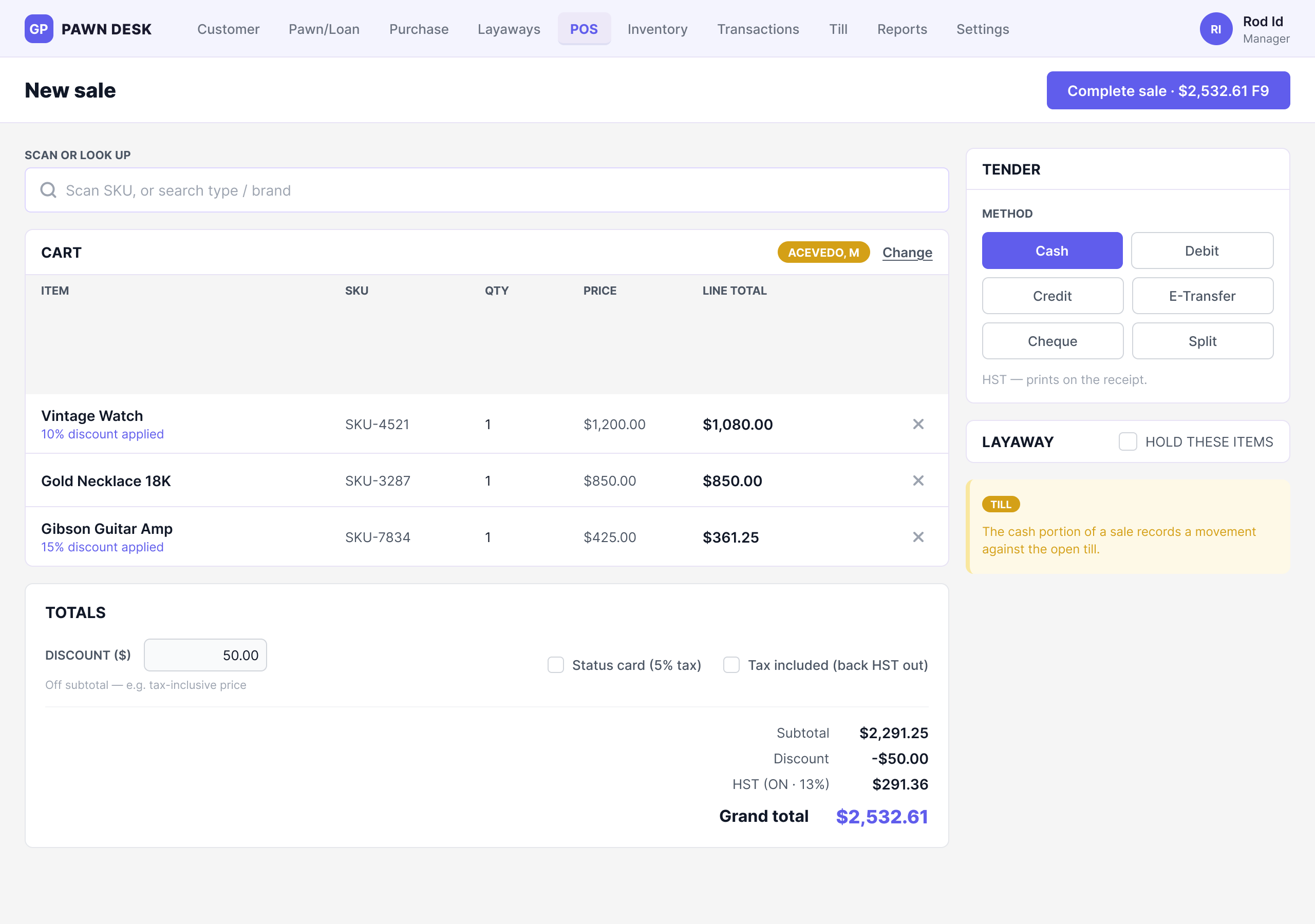 PawnDesk point-of-sale screen showing a new sale with cart, tender options and totals